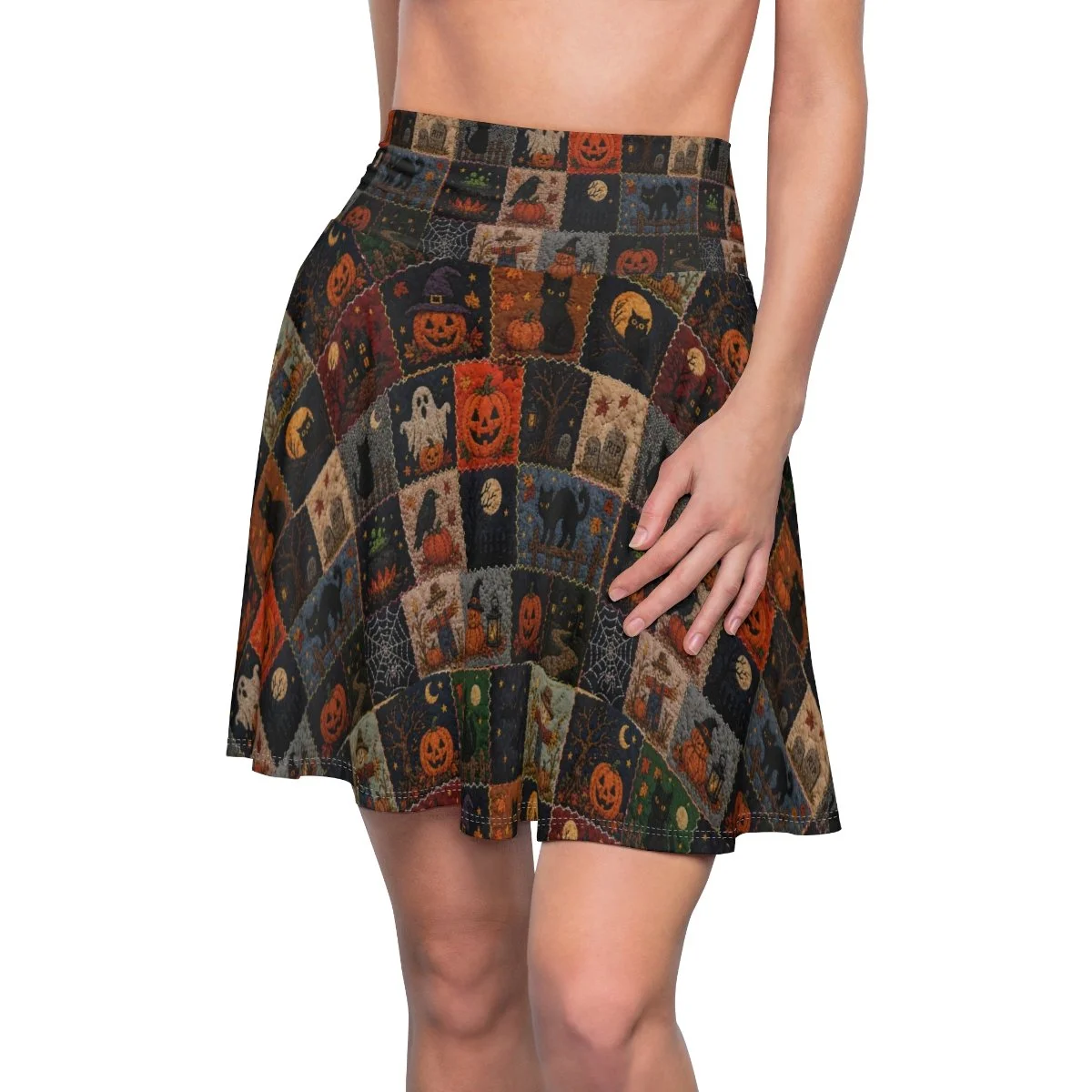 A versatile fit skater skirt with a cozy, soft touch and a casual look. this has a dark background with a  patchwork look. complete with pumpkins, ghosts, black cats, bats and much more. great for fall and Halloween!