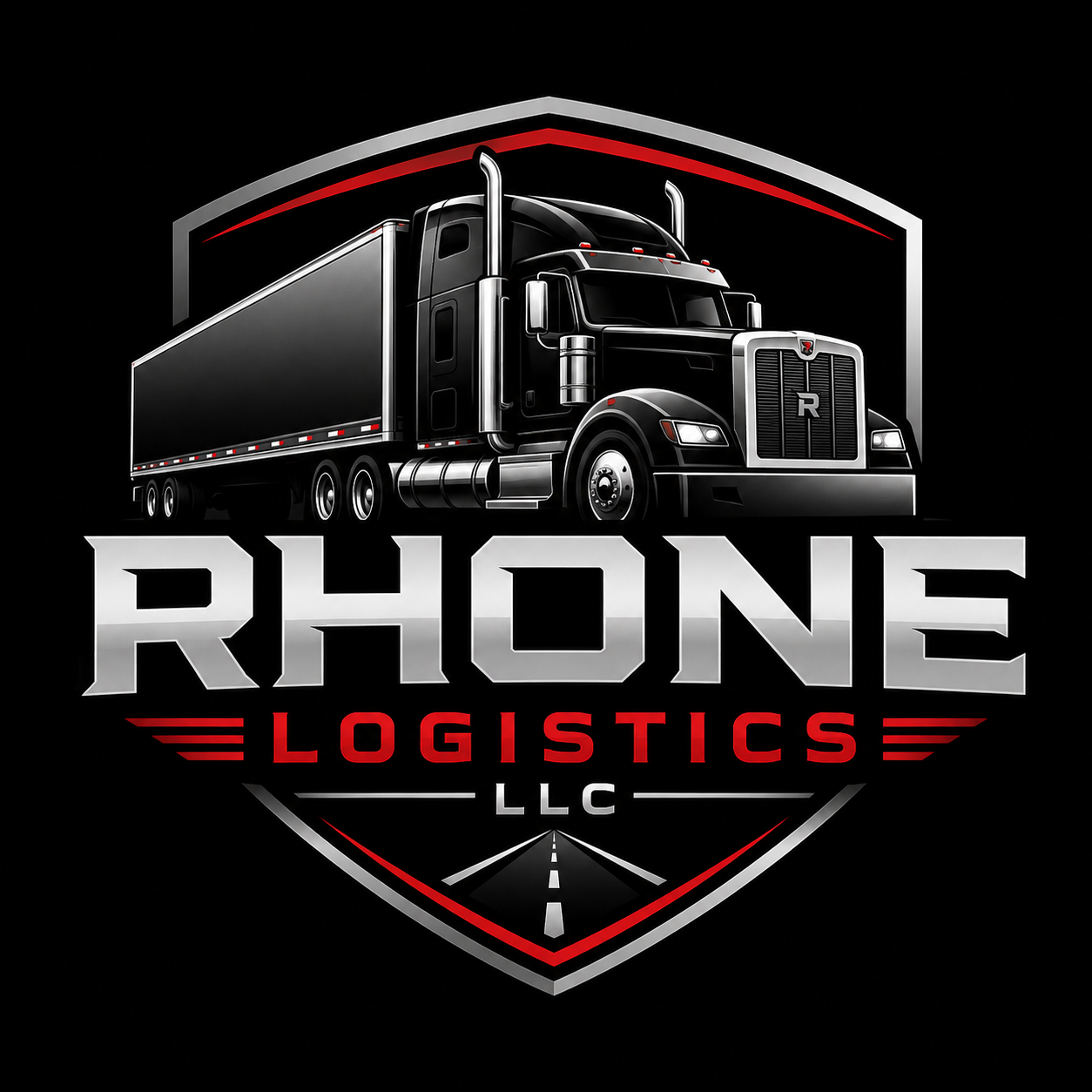 A digital graphic of a black semi-truck with chrome details and a shield emblem behind it. The logo says "Rhone Logistics LLC" with a stylized road at the bottom.