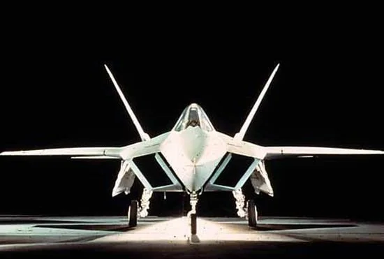 A YF-22 jet aircraft, front view.
