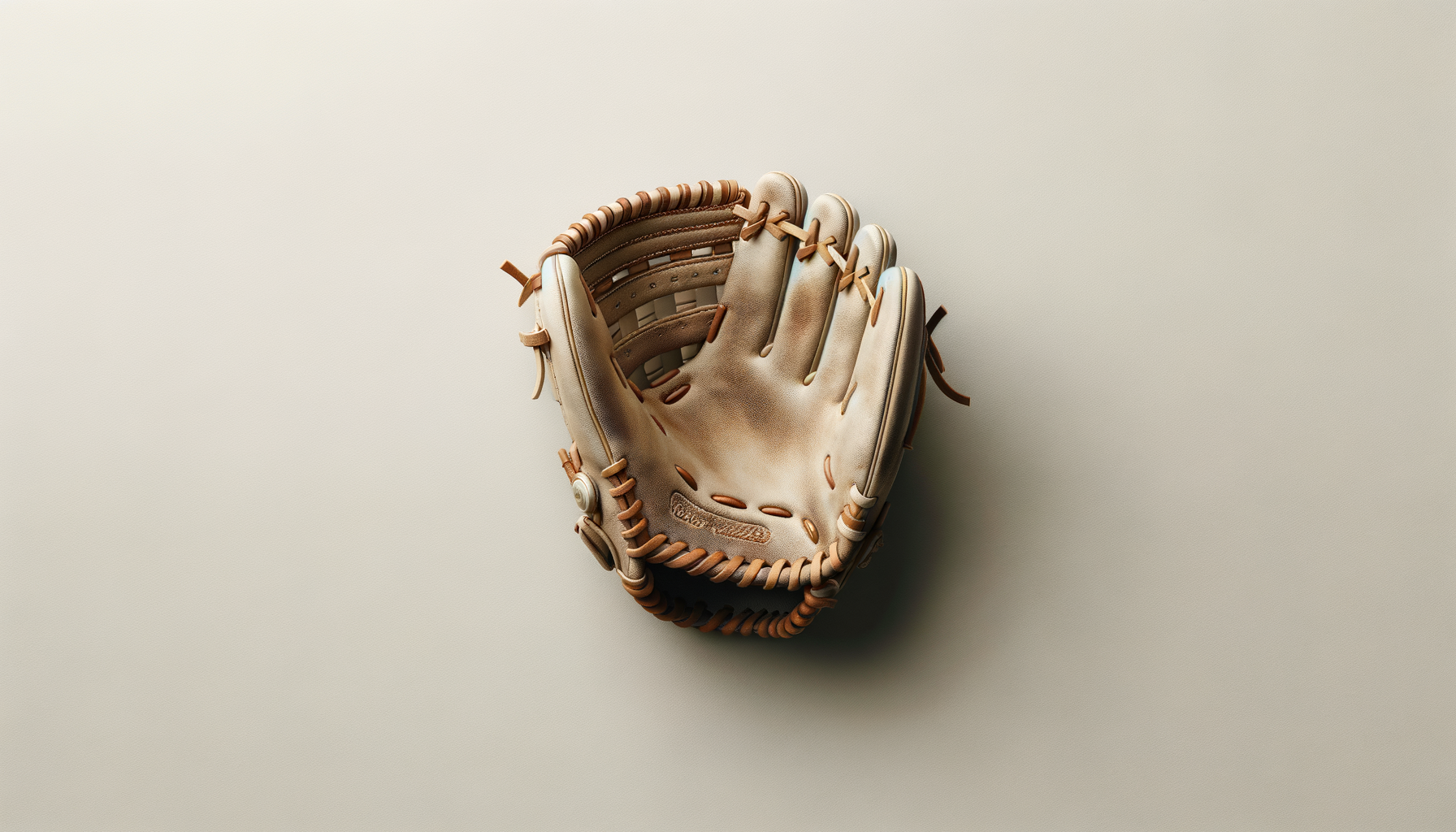 Close-up of a worn beige baseball glove with brown lacing, resting on a light-colored surface.