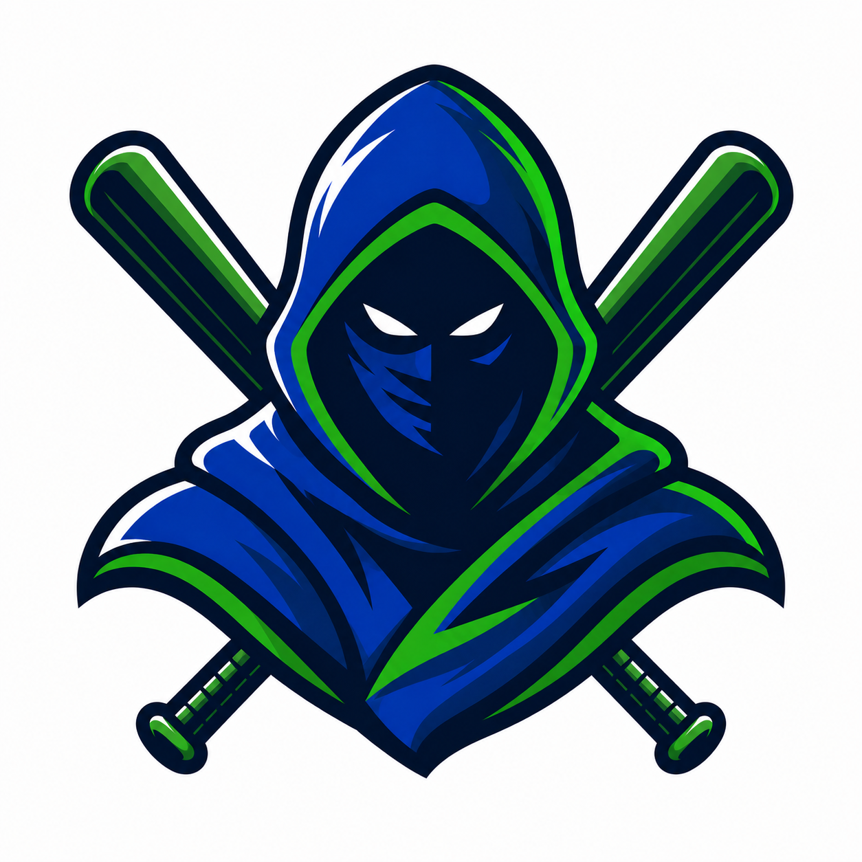 A stylized logo of a ninja wearing a blue hood and face covering, with white eyes, crossed baseball bats behind, and green accents, designed for a sports team or gaming mascot.