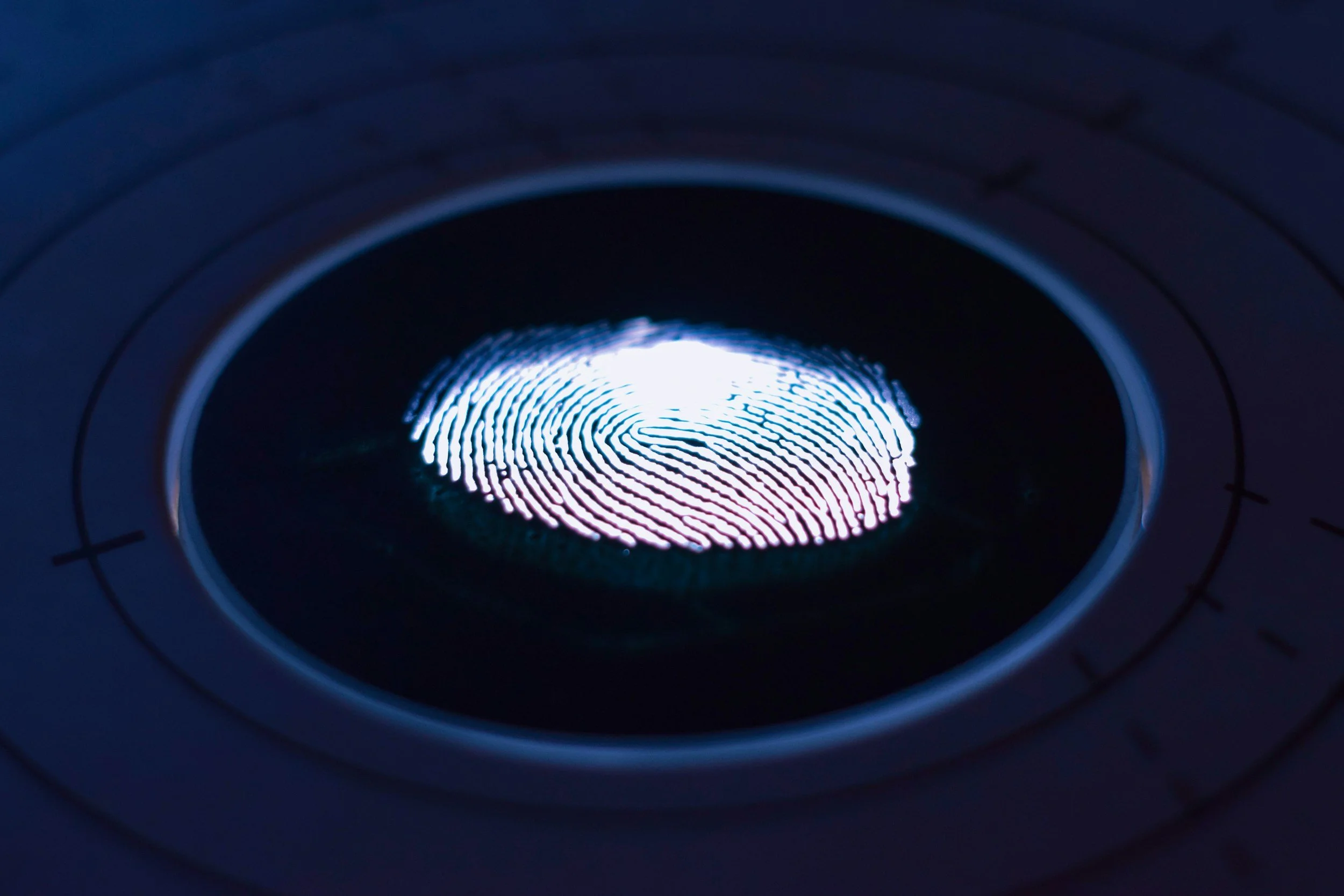 Close-up of a fingerprint illuminated by a blue light, viewed inside a dark, circular device with measurement markings.