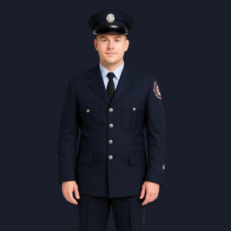 Un homme en uniforme de pompier, portant un chapeau de pompier, une veste bleue avec des boutons argentés, et une moustache, posant contre un fond noir.