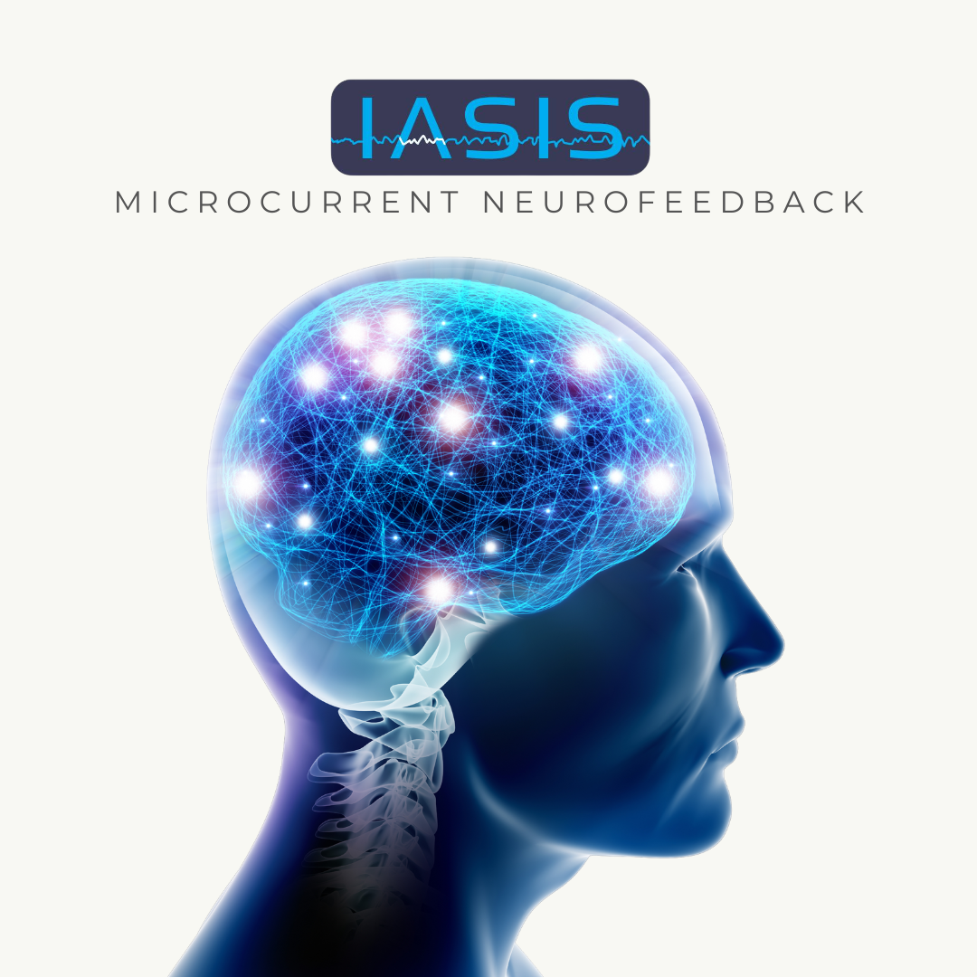 Side view of a human head with a glowing blue brain connected by network of lights, representing neurofeedback and brain activity.
