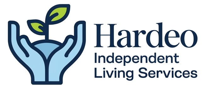 Hardeo Independent Living Services logo featuring a pair of hands holding a small plant with leaves.