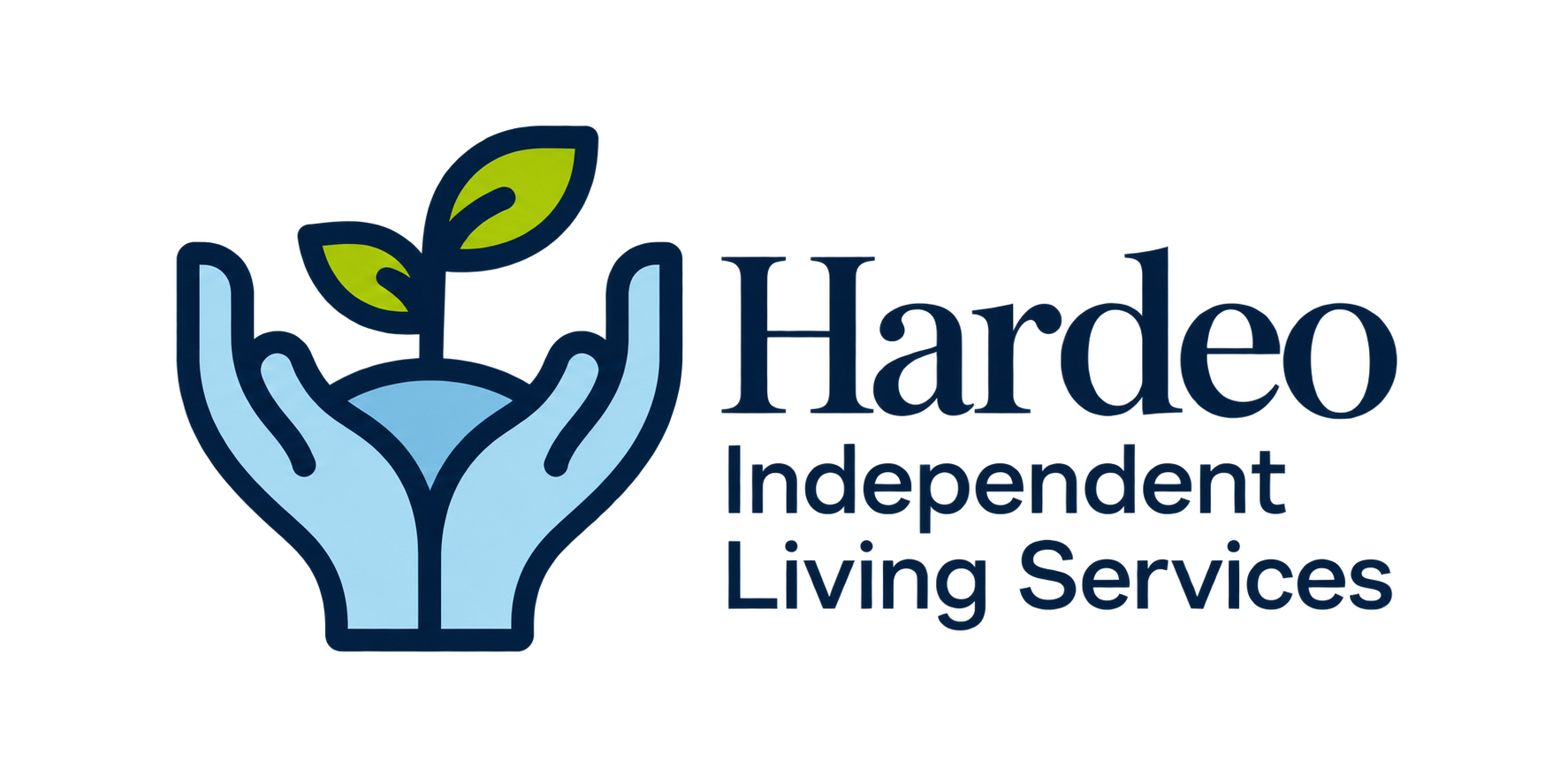 Logo for Hardeo Independent Living Services featuring two hands holding a small plant with two leaves, accompanied by the text "Hardeo" and "Independent Living Services".