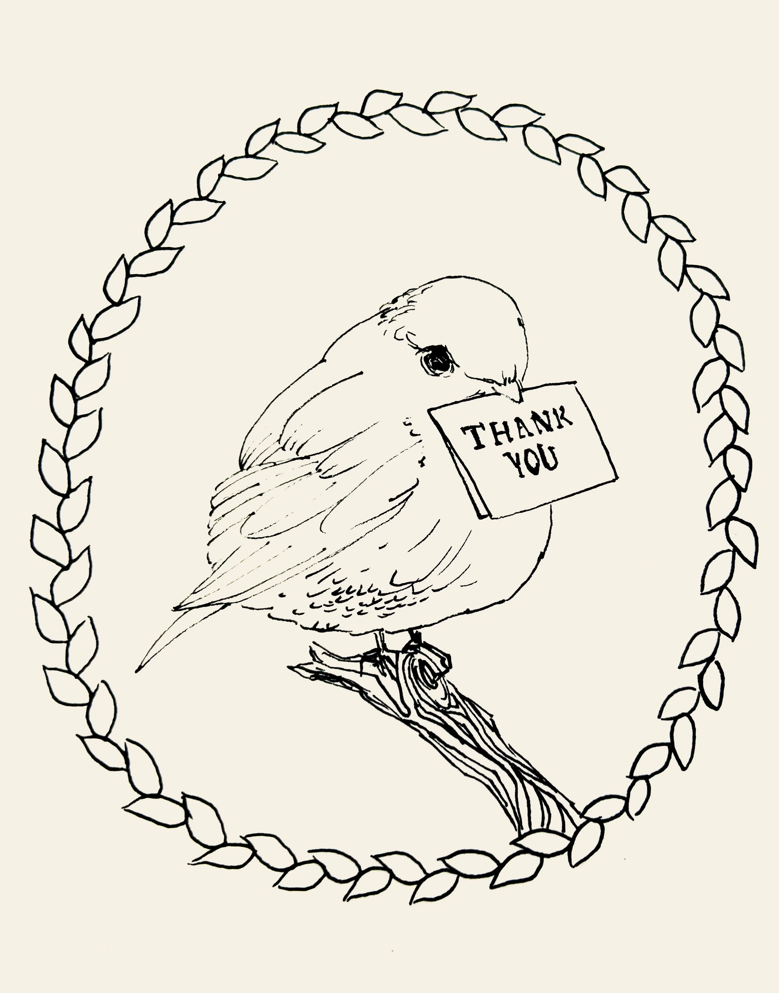 Line drawing of a small bird perched on a branch, holding a sign that says 'Thank You' in its beak, surrounded by a decorative oval border of leaves.