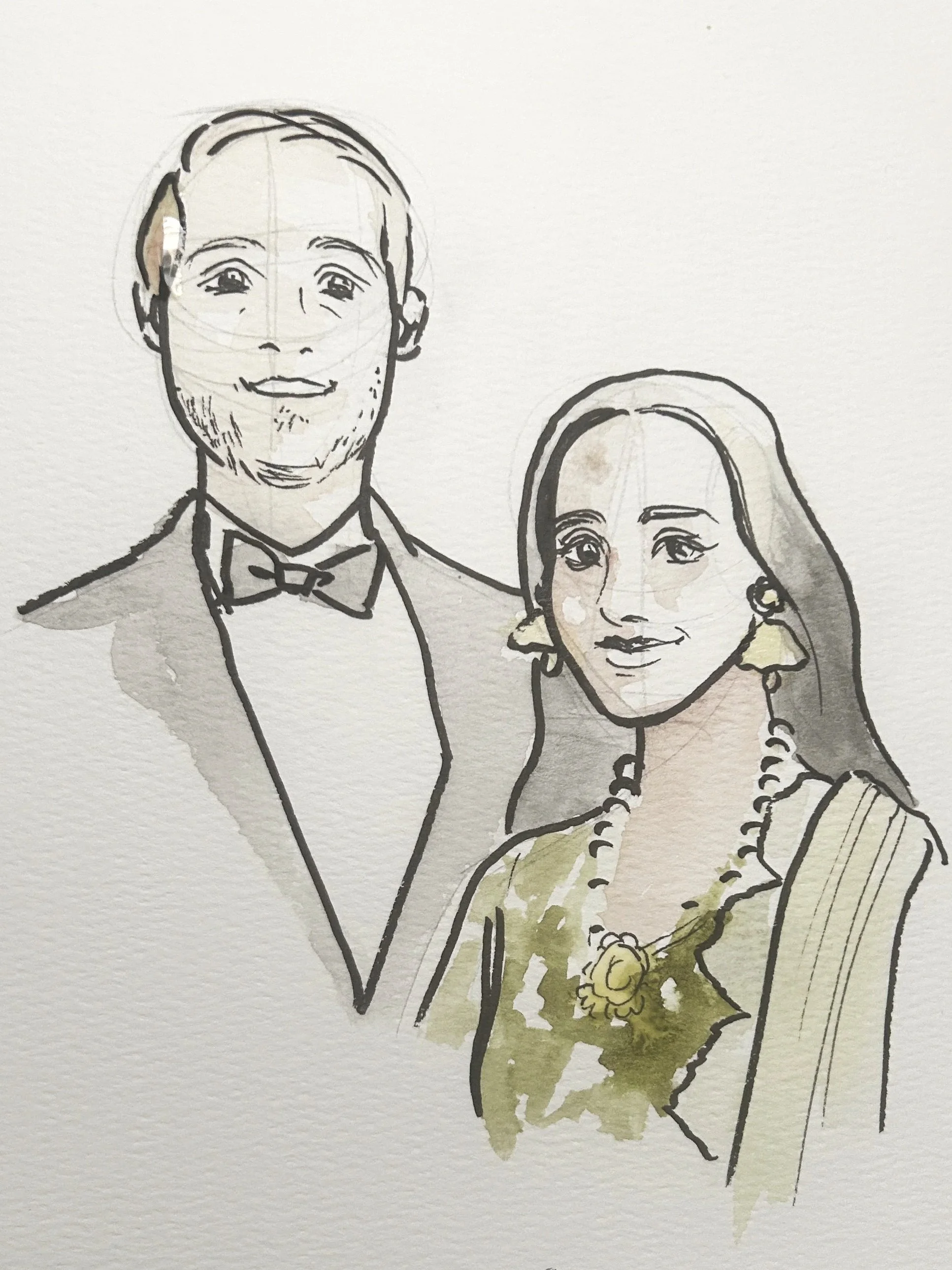 A sketch of a smiling man in a tuxedo with a bow tie and a woman in a dress with a necklace and earrings, both depicted with watercolor accents.