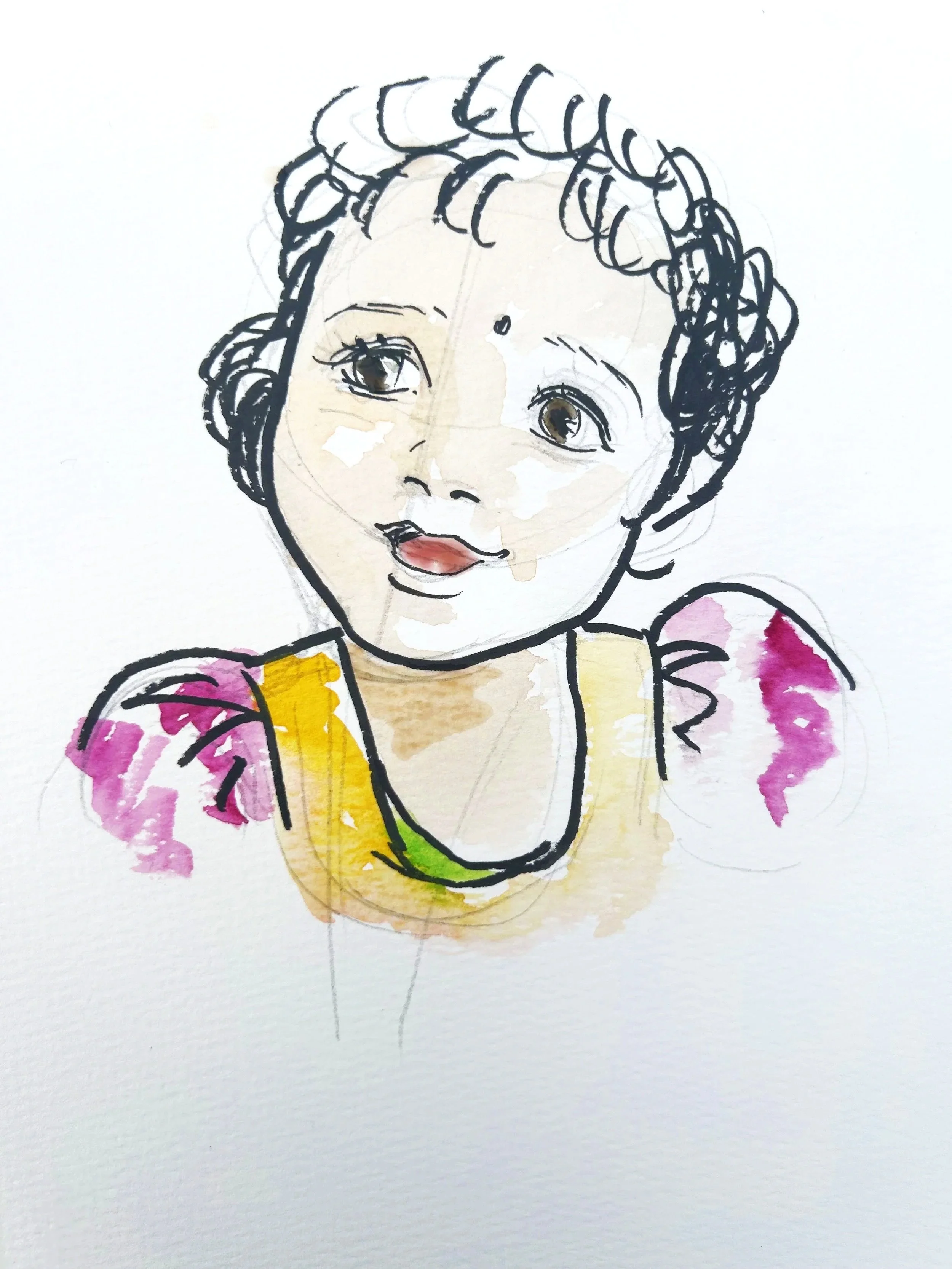 A colorful hand-drawn portrait of a young girl with curly hair, wearing a pink dress with a yellow collar and a white shirt underneath, smiling gently.