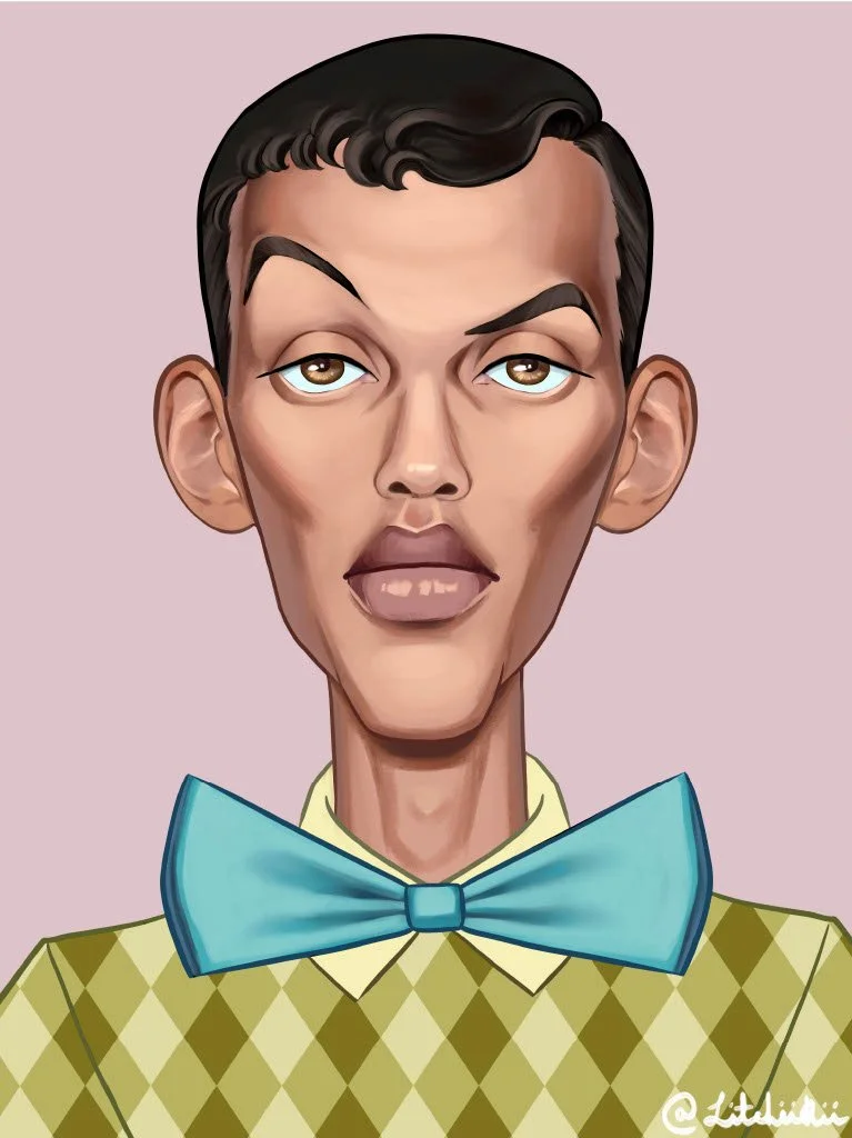 Caricature of a man with slicked-back dark hair, arched eyebrows, and a slightly open mouth, wearing a yellow argyle sweater and large blue bow tie, against a light pink background.