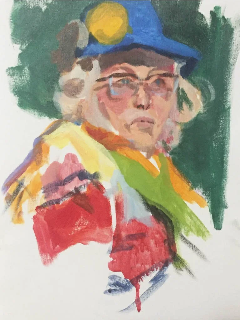An abstract watercolor portrait of a person wearing a blue hat with a yellow circle, glasses, and colorful clothing.