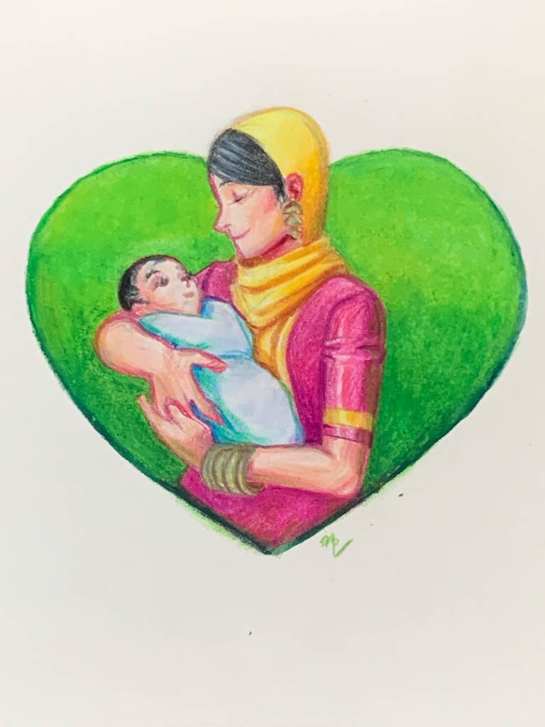 Drawing of a woman in traditional Indian clothing holding a baby, surrounded by a green heart.