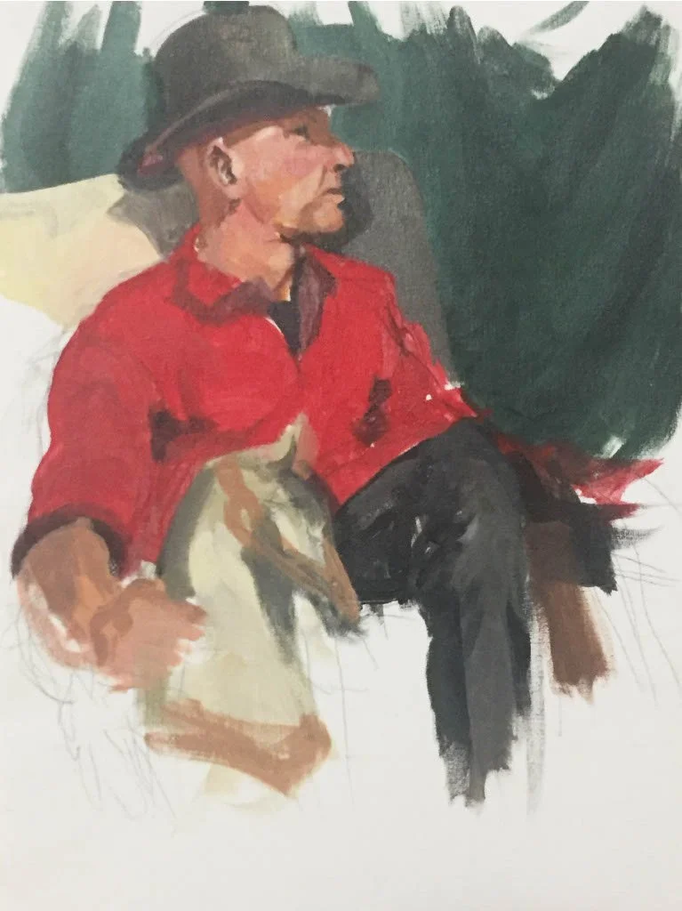 A man is seated, wearing a wide-brimmed hat and a red jacket, with a black shirt underneath. He is holding a light-colored hat in his lap, and the background is painted with dark green and black tones, suggesting an outdoor setting.