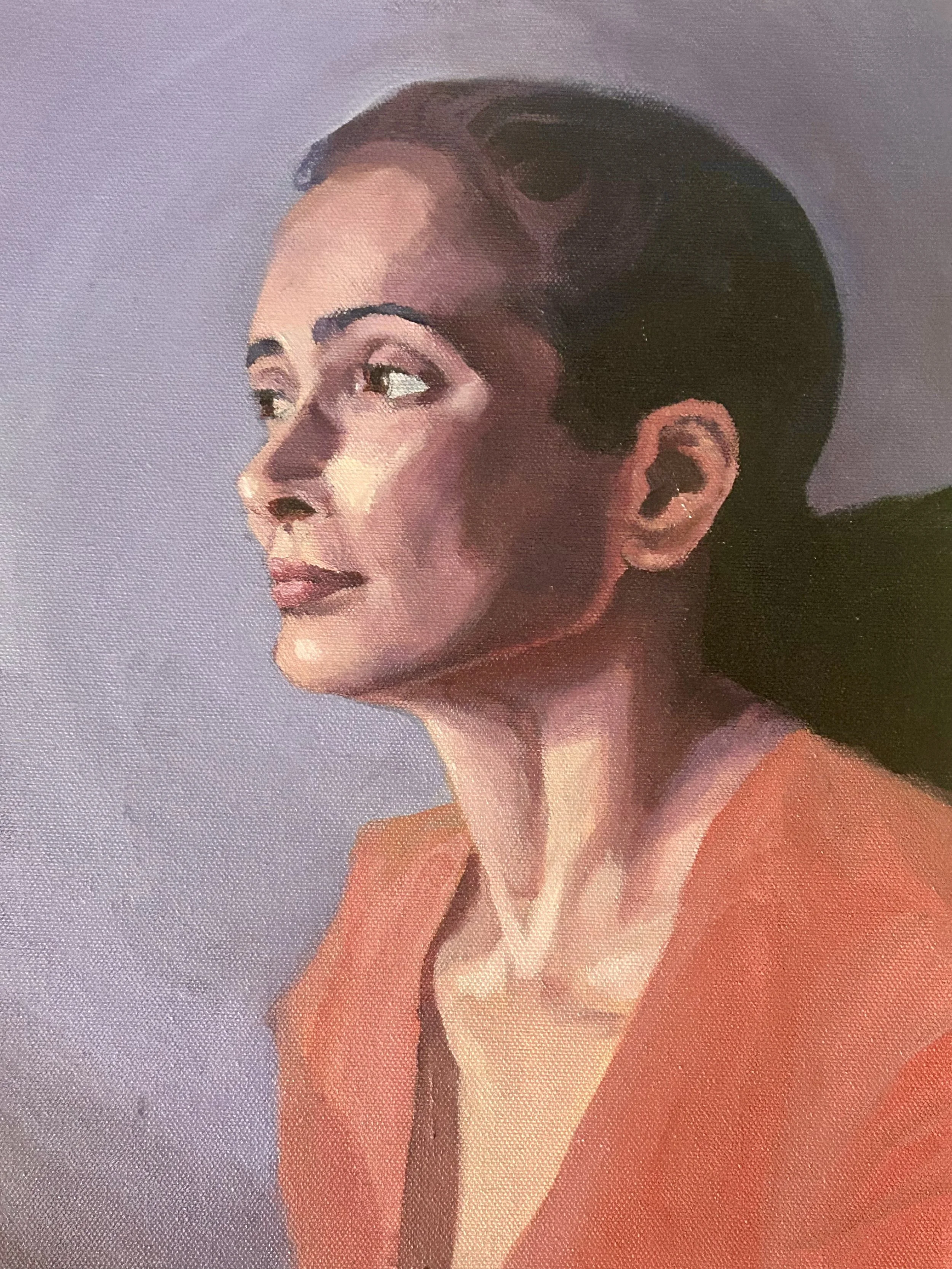 A painting of a woman with dark hair pulled back, wearing makeup, looking to the side, with an orange clothing and a neutral background.
