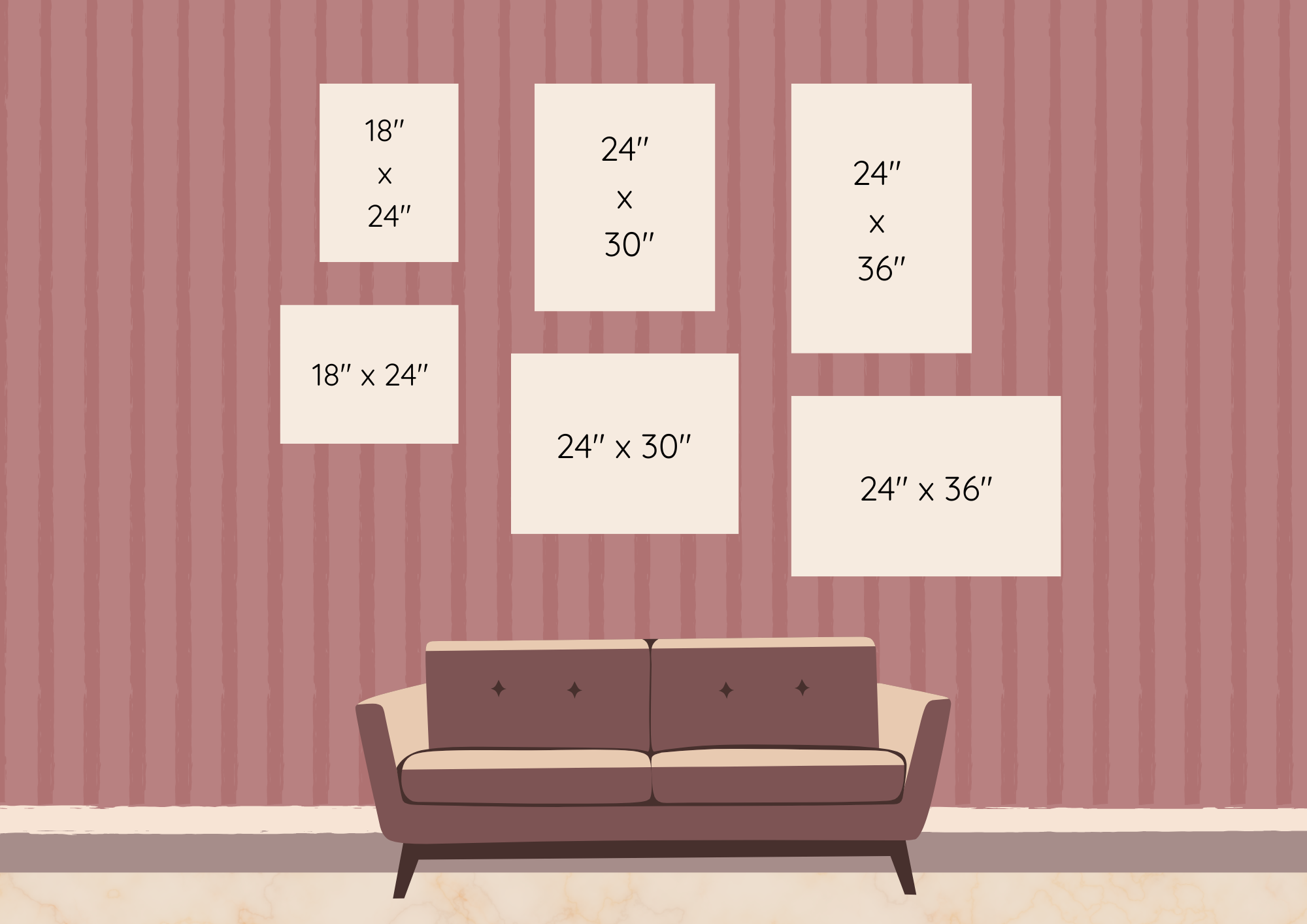 Living room with pink striped wallpaper, a brown sofa, and six picture frames on the wall with room dimensions.