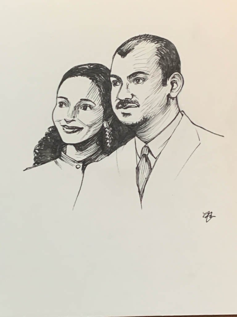 Black and white sketch of a woman and a man, both dressed in vintage clothing. The woman has curly hair and is smiling, while the man has short hair and a serious expression.