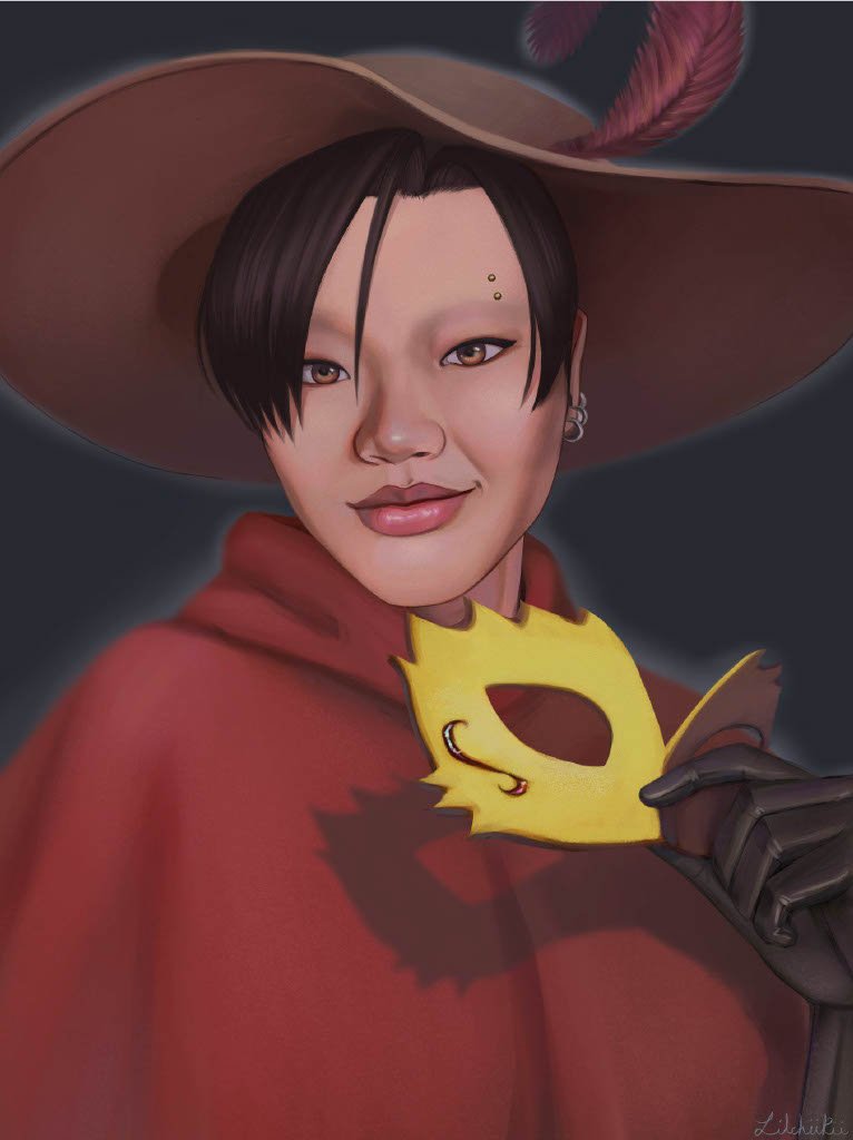 A person wearing a large witch hat with feathers, a red cape, and black gloves, holding a small yellow card with a cartoon dog face and a paw print, smiling.