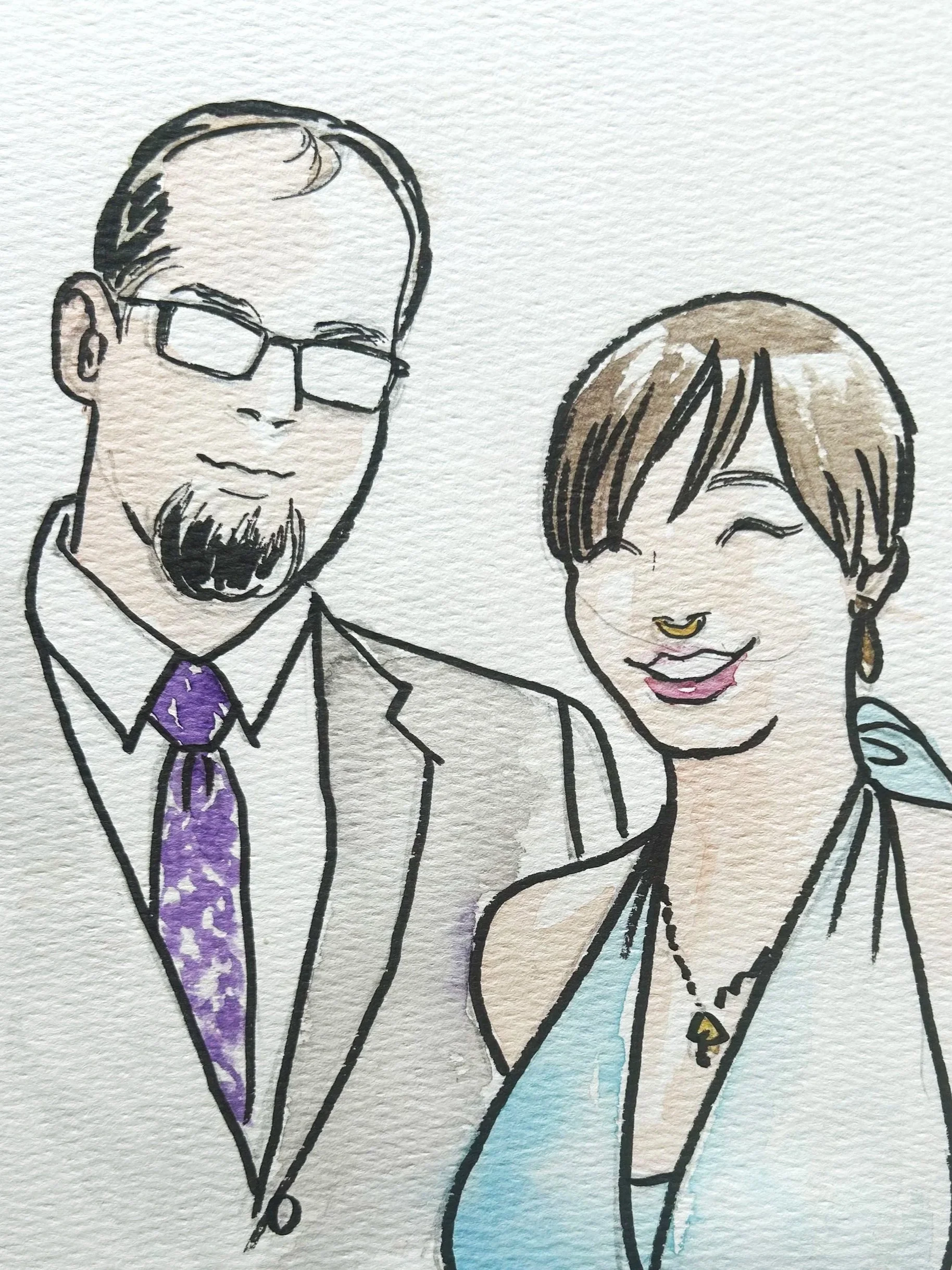 A watercolor sketch of a man with glasses, a beard, and wearing a suit with a tie, and a woman with short hair, a nose piercing, and a necklace, both smiling.