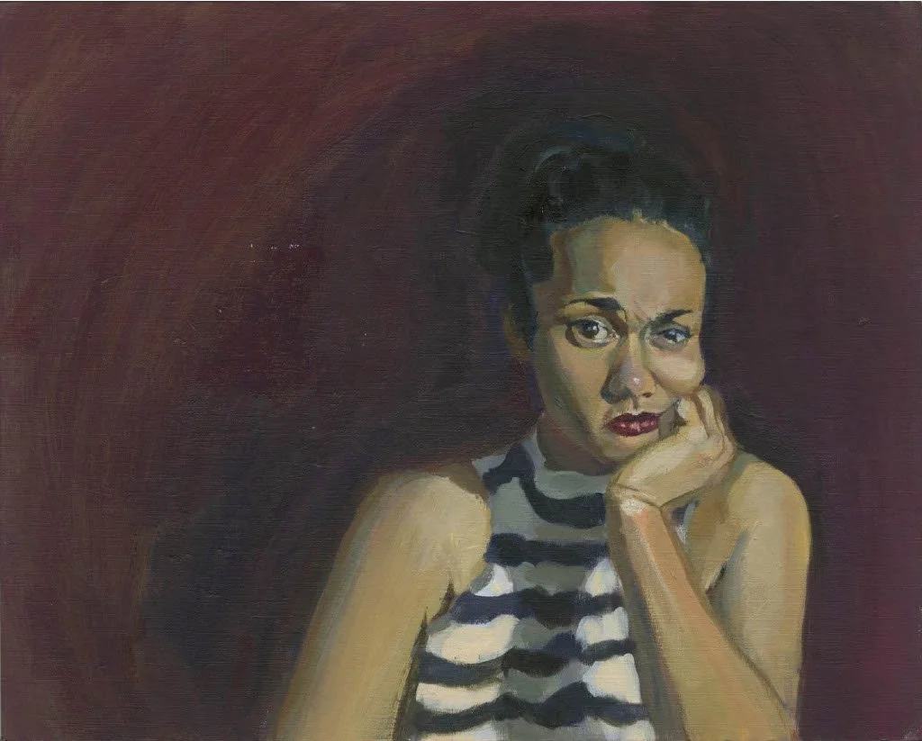 A painting of a woman with dark hair in a bun, wearing a striped sleeveless top, resting her chin on her hand, with a serious expression against a dark brown background.