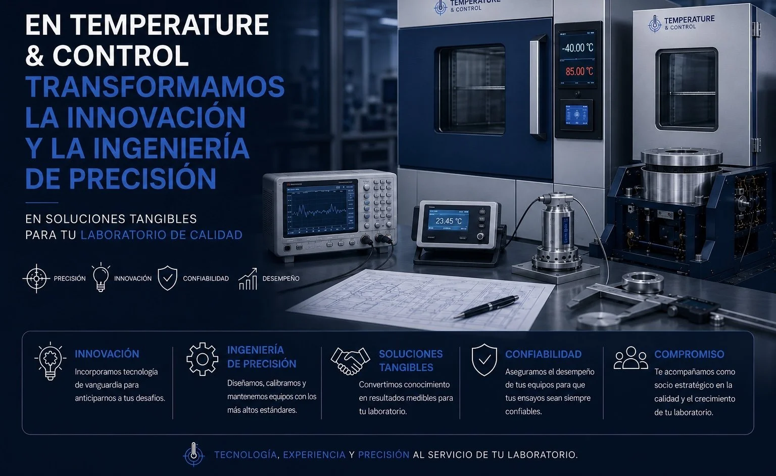 Publicidad de tecnología y control de temperatura en laboratorio, con instrumentos electrónicos, instrumentos rotatorios y gráficos, en tonos azules y grises.