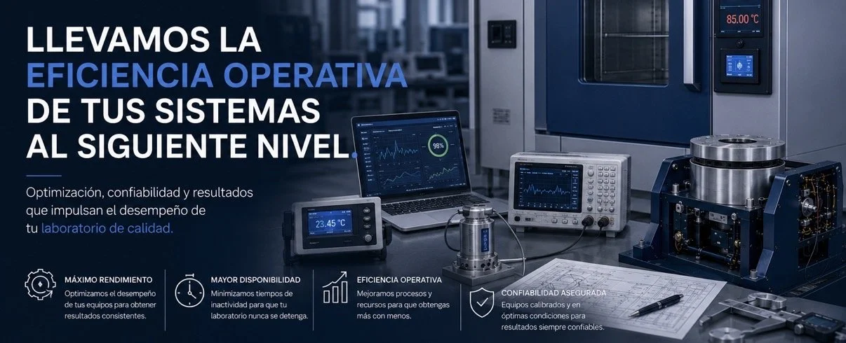 Imagen de laboratorio con equipos tecnológicos para optimizar la eficiencia operativa, incluyendo pantallas y un horno industrial, con texto en español sobre mejorar el rendimiento y confiabilidad de sistemas.