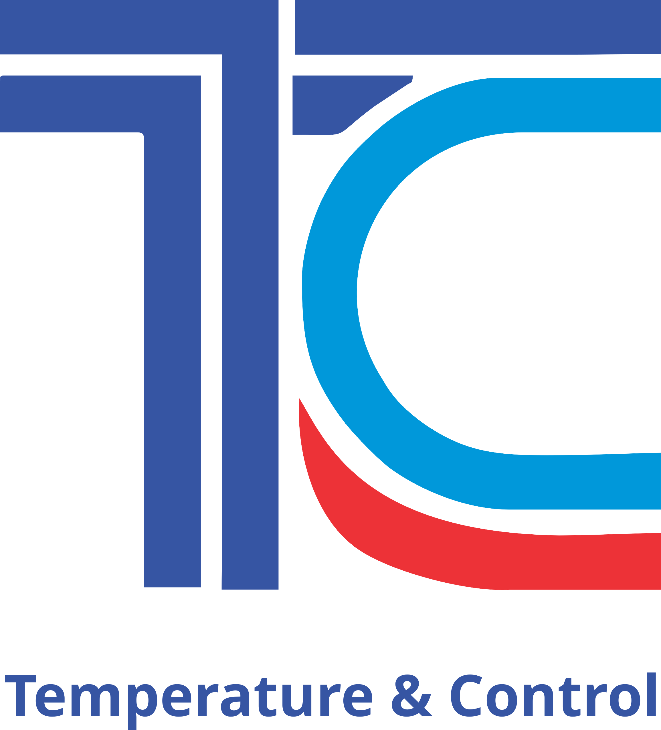 Logotipo de una empresa llamada 'Temperature & Control' en colores azul, negro y rojo, con un diseño abstracto que incluye líneas y curvas. Texto en español debajo que dice 'Temperature & Control'.