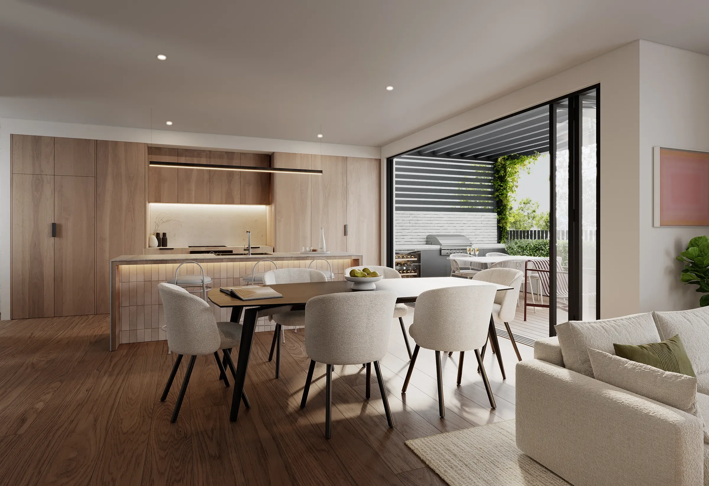 Modern dining area with a wooden table and six upholstered chairs, adjacent to an open-concept kitchen with wooden cabinets and a marble backsplash, and sliding glass doors leading to an outdoor patio with a barbecue grill and outdoor seating.