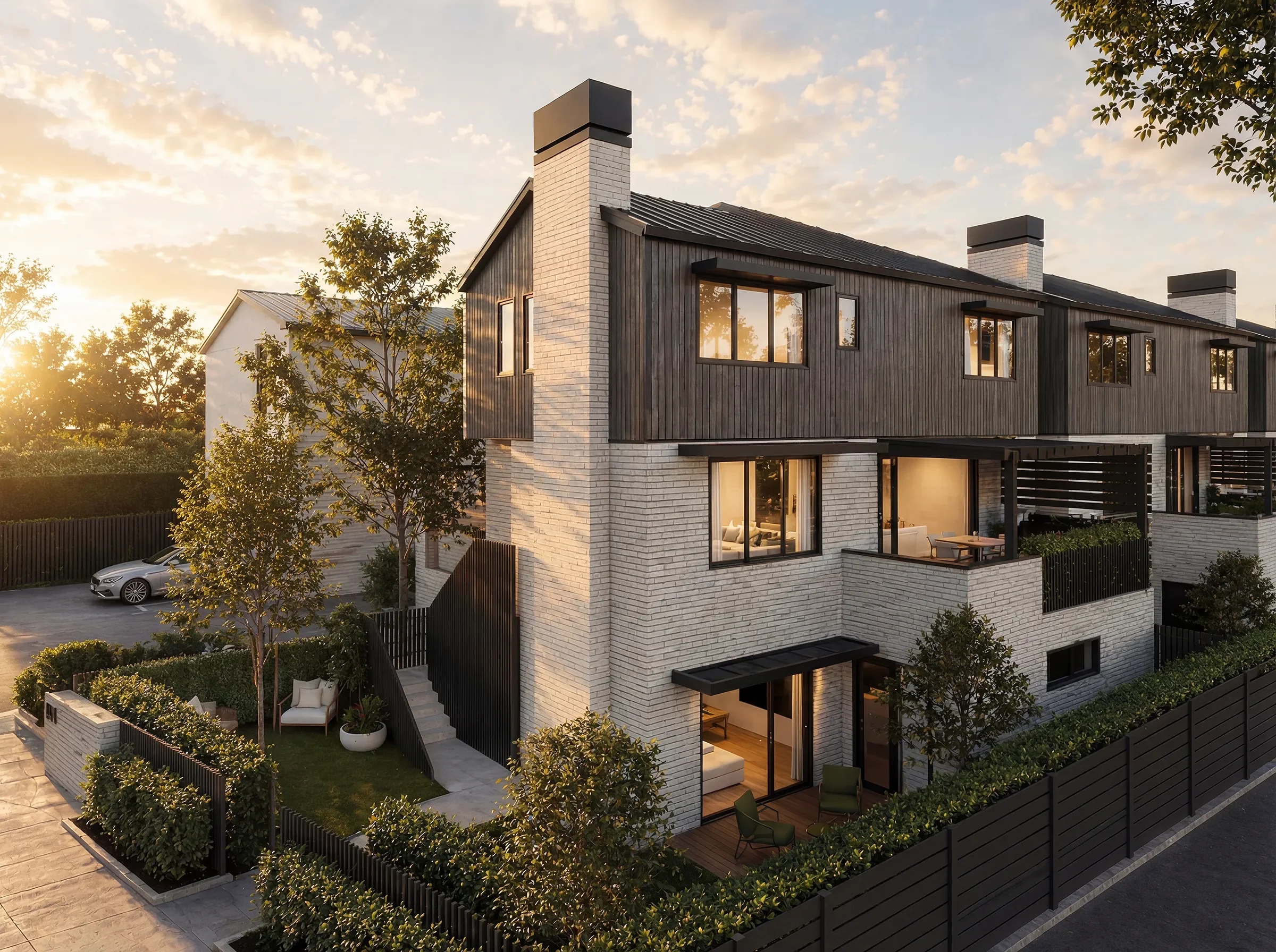 Modern multi-story house with white brick walls, dark wood siding, large windows, and outdoor patio area with chairs, trees, and greenery during sunset.