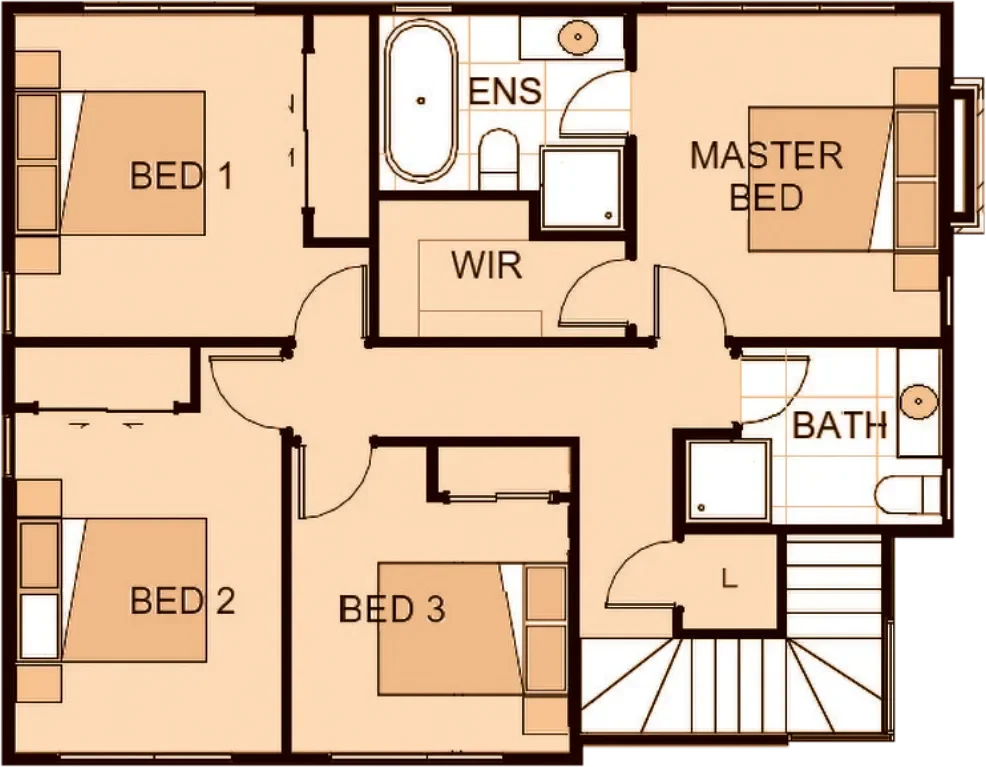 Floor plan of a house with 3 bedrooms, 2 bathrooms, an ensuite bathroom, walk-in closet, and common areas.