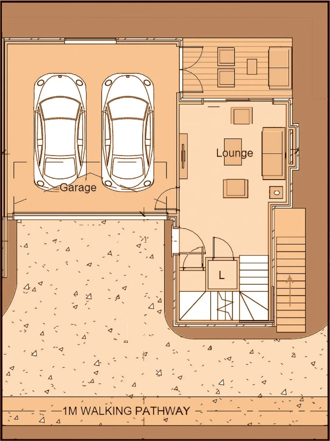 Floor plan of a house with a garage, lounge, staircase, and a 1-meter walking pathway outside.