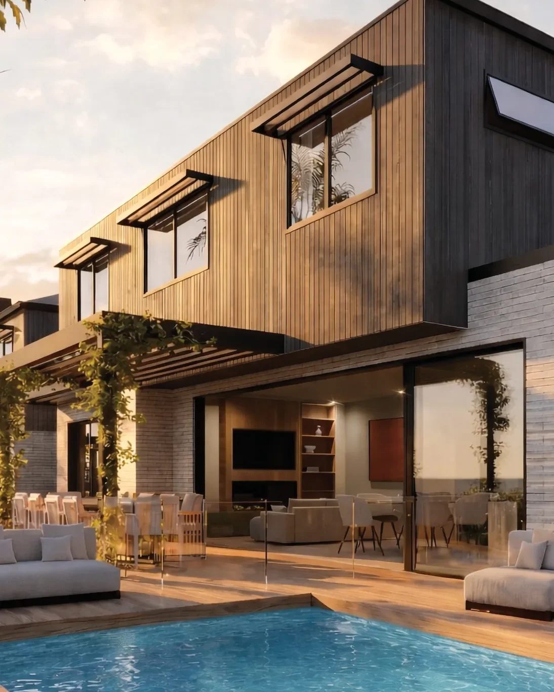 Modern two-story house with wood and brick exterior, large glass sliding doors, and a backyard with a swimming pool, outdoor seating, and patio area during sunset.