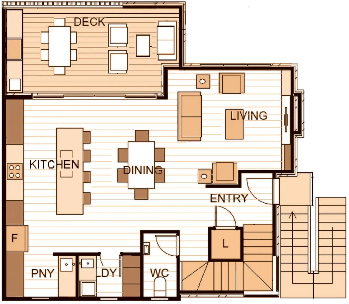 Floor plan of a house with labeled rooms including kitchen, dining, living, deck, laundry, WC, entry, and staircases.