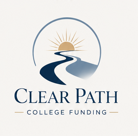 Logo with a rising sun over a winding road, with the text 'Clear Path College Funding'.