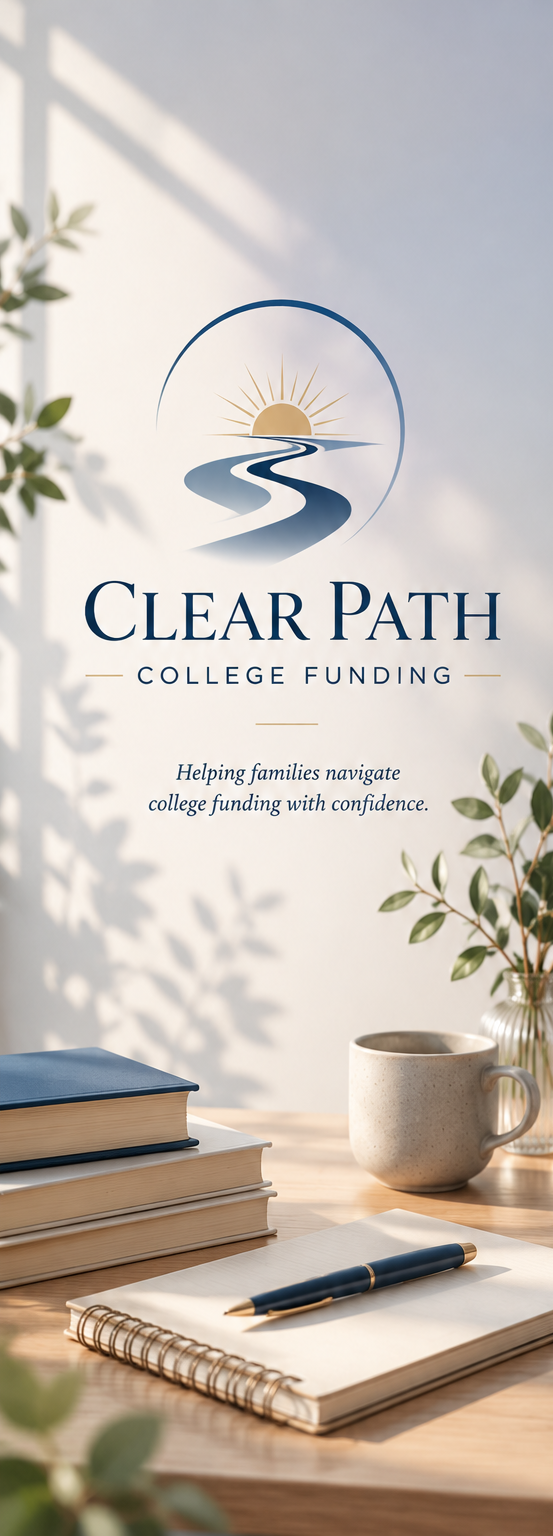 A promotional banner for Clear Path College Funding with a background of sunlight, leafy plants, books, a notebook with a pen, and a coffee mug on a wooden desk.