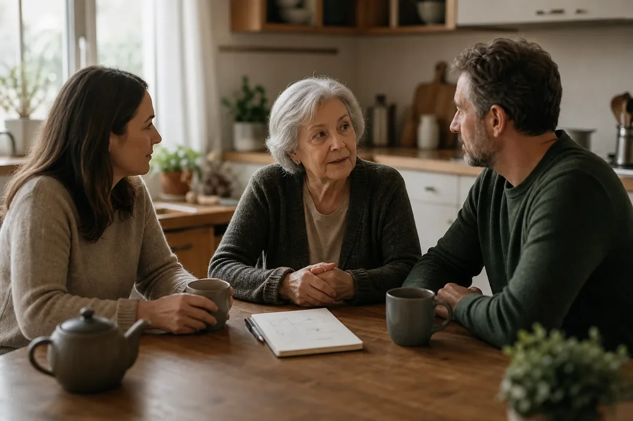 An adult daughter and son talking gently with their elderly mother over tea at a kitchen table while planning a living funeral