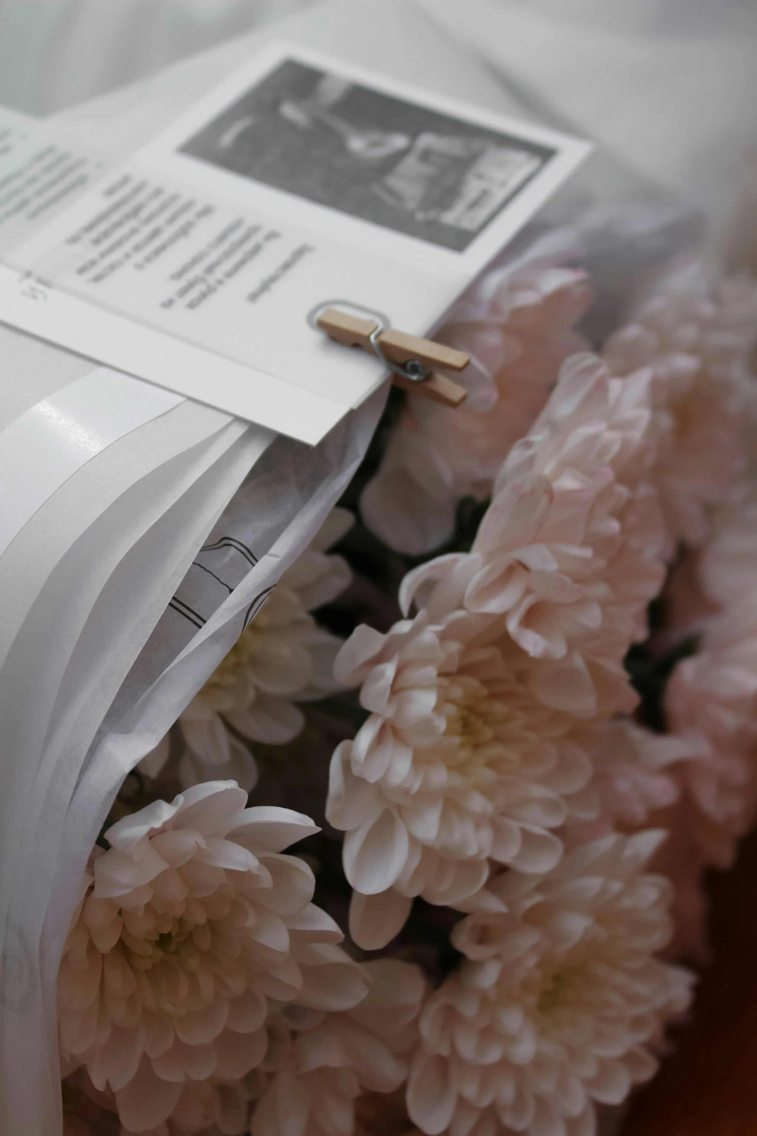 A bouquet of pink and white chrysanthemums with a paper note attached by a small clothespin.