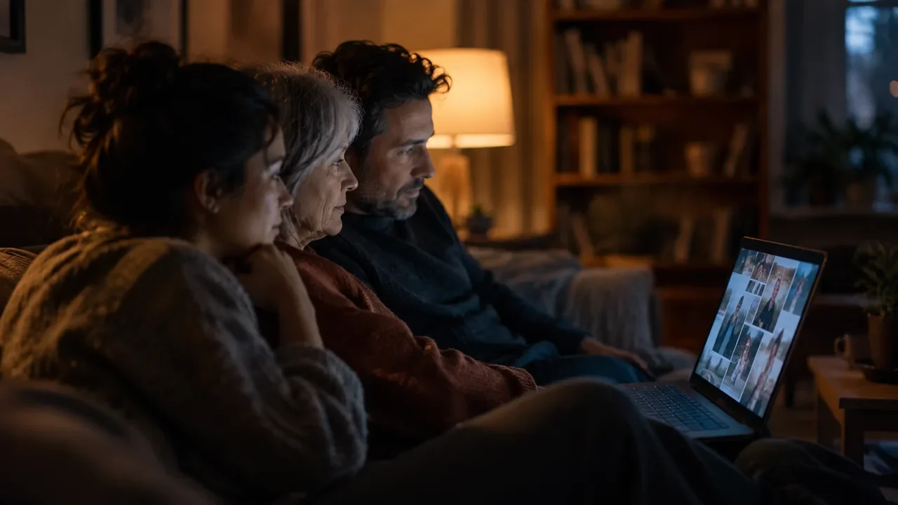 Family sitting together on a couch at night reviewing photos on a laptop to plan a celebration of life slideshow