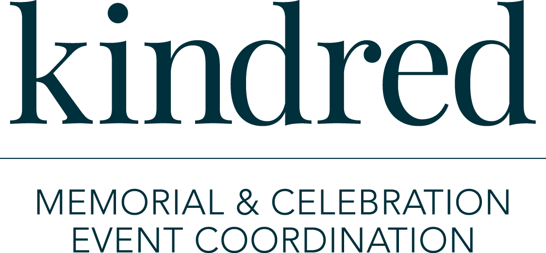 The word 'kindred' (the brand name) displayed prominently with smaller text reading 'Memorial & Celebration Event Coordination' underneath.