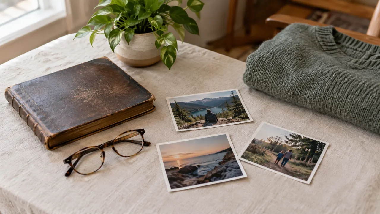 Vintage photo album, reading glasses, and printed travel photos on a linen table while planning a celebration of life
