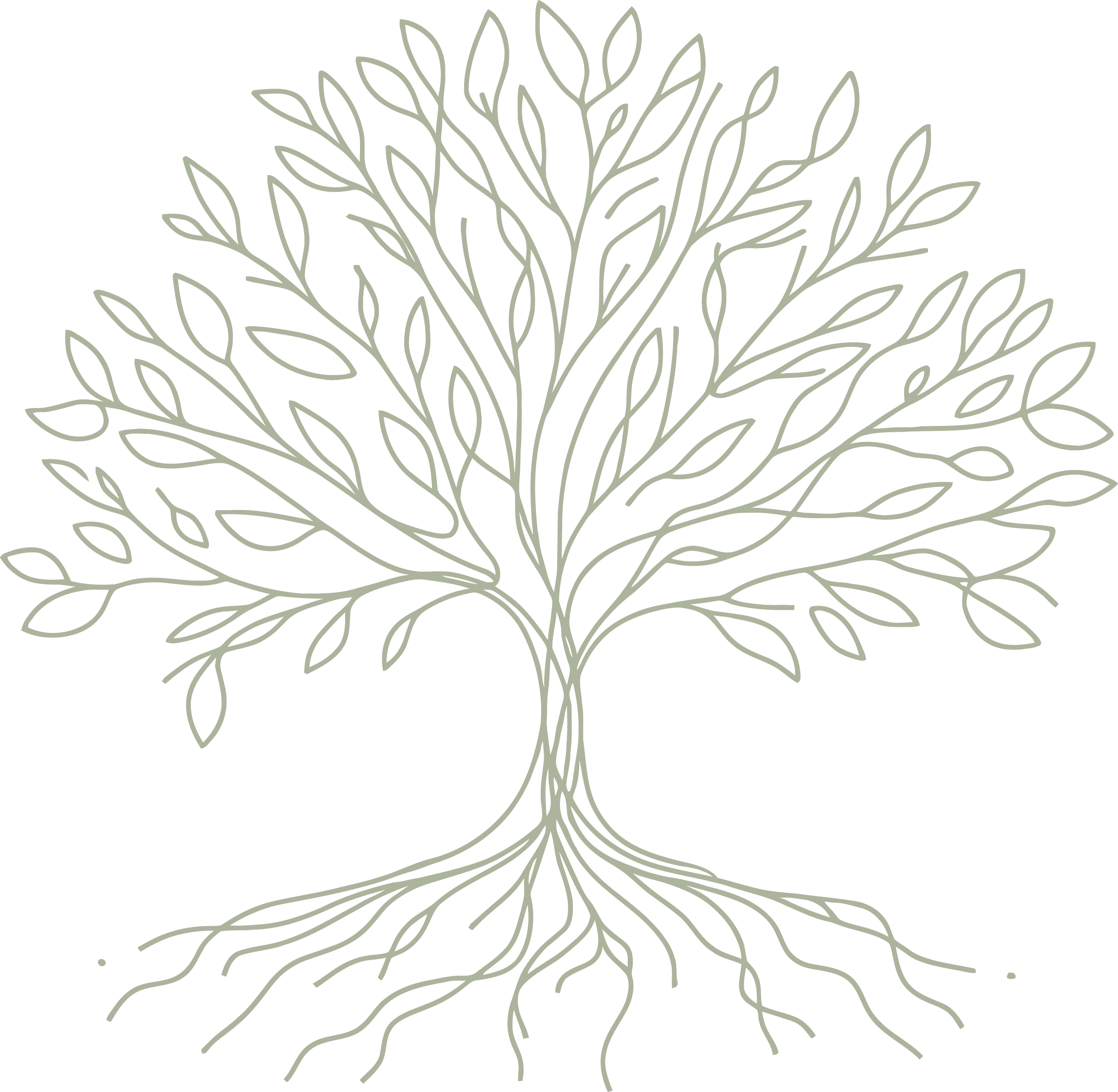 Outline of a tree with intricate branches and leaves, drawn in a minimalist style, on a black background.