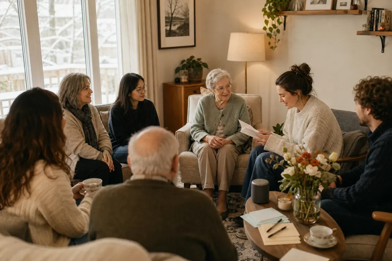 Family and friends gathered in a living room around an elderly woman as a    young woman reads a letter aloud at a living funeral