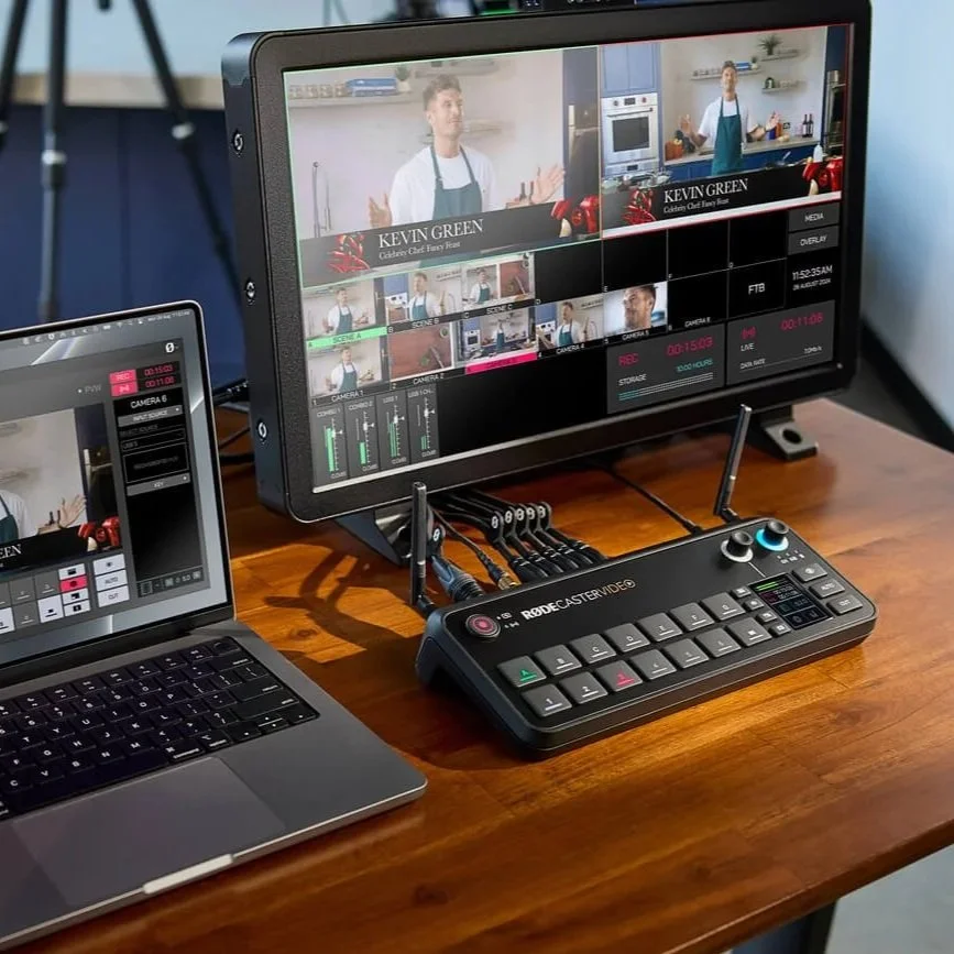 Video production setup with a monitor showing a person in a kitchen, a laptop, and a black broadcast control panel on a wooden desk.