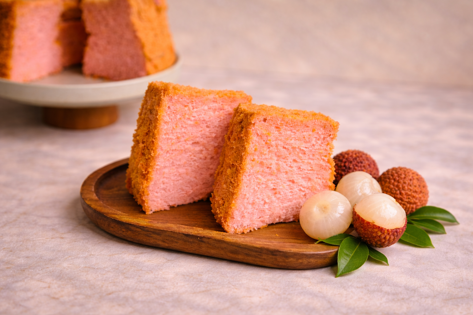 Pink cake slices with juicy lychees.png