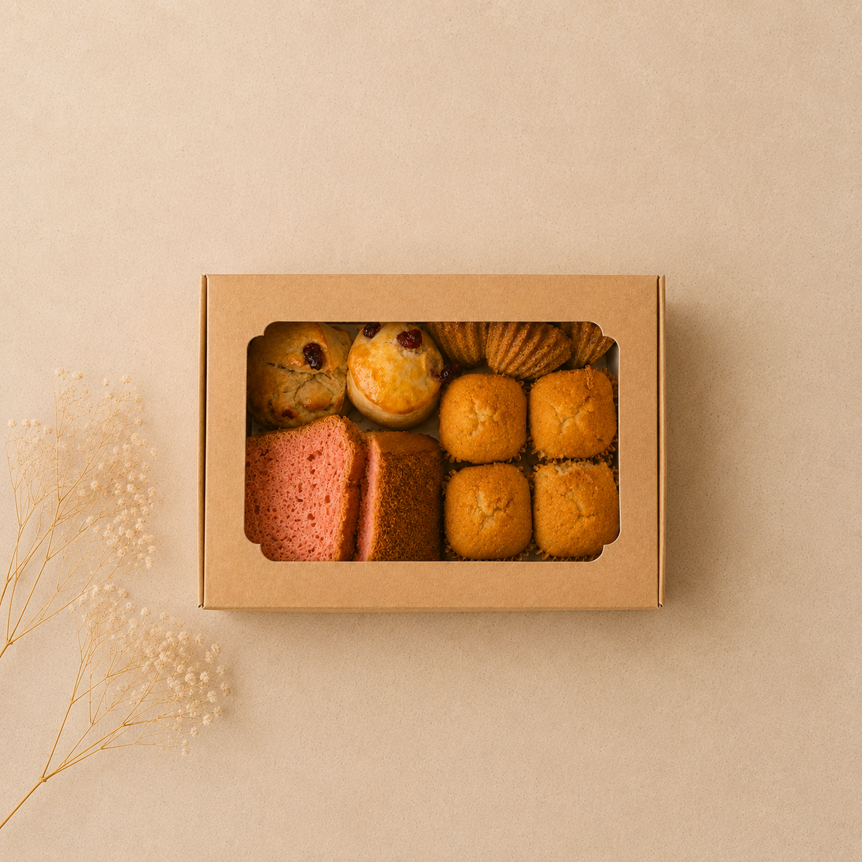 Box of assorted baked goods including cupcakes, slices of pink cake, and muffin-like treats on a beige surface with dried flowers nearby.