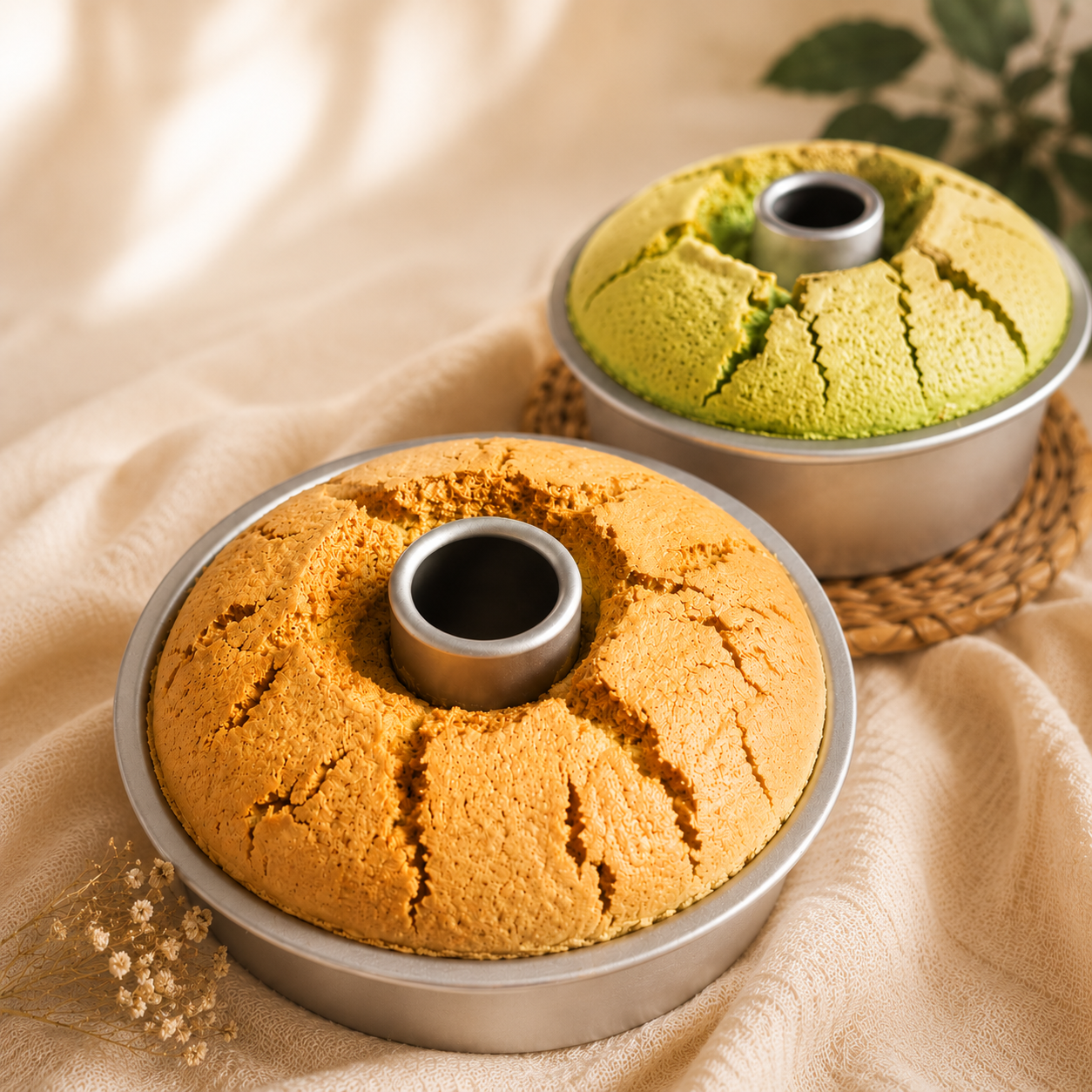 Two freshly baked chiffon sponge cakes—one osmanthus oolong and one pandan chiffon cake—resting in round metal baking pans with decorative dried flowers.