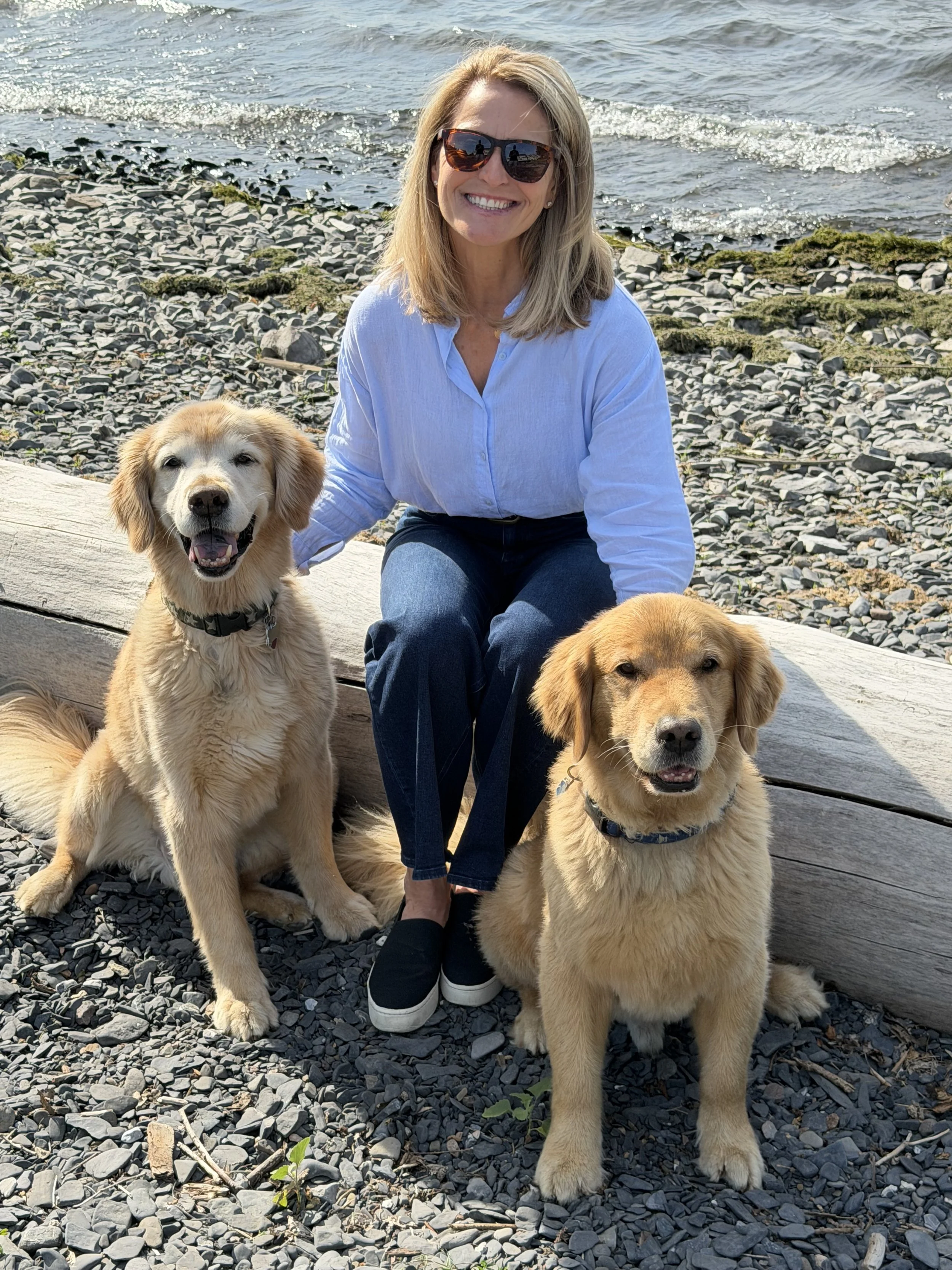 A woman with blonde hair and sunglasses smiling while sitting on a rocky beach near the water, with two golden retriever puppies.