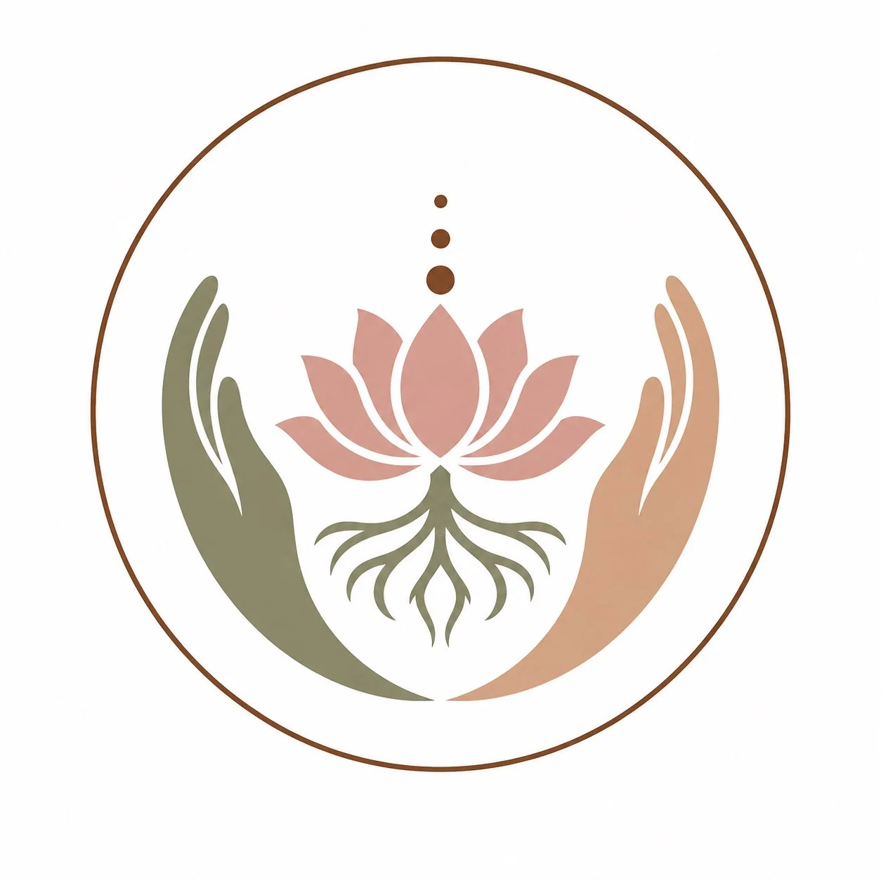A stylized logo featuring a pink lotus flower with roots at the bottom. Two hands, one green and one beige, are positioned on either side of the lotus. Above are three brown dots aligned vertically, and the entire design is enclosed within a thin brown circular border.