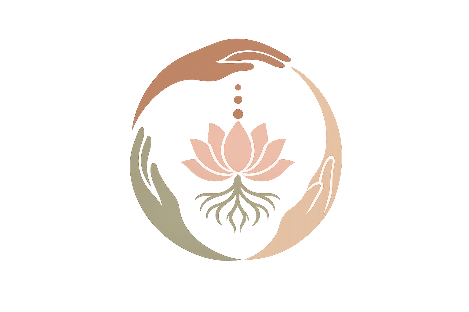 A stylized logo of a hand cradling a lotus flower with roots, surrounded by a circular shape, in soft pink and earth tones, against a black background.