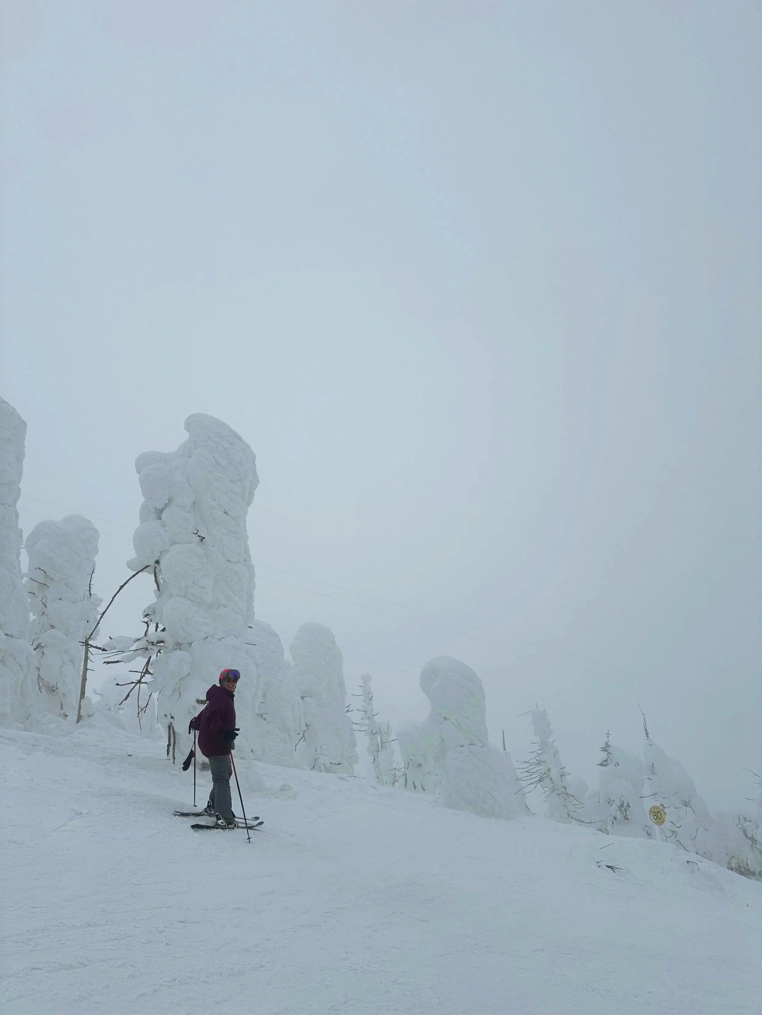 Individual female skier stands among snow covered pine trees atop the Zao mountain range in Yamagata prefecture.