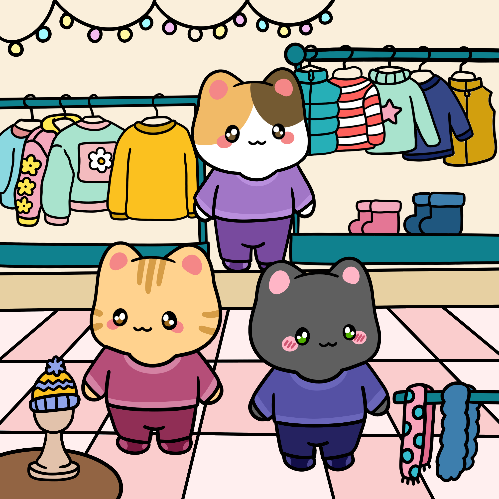 Cartoon of TokudAw cats try on base layers.